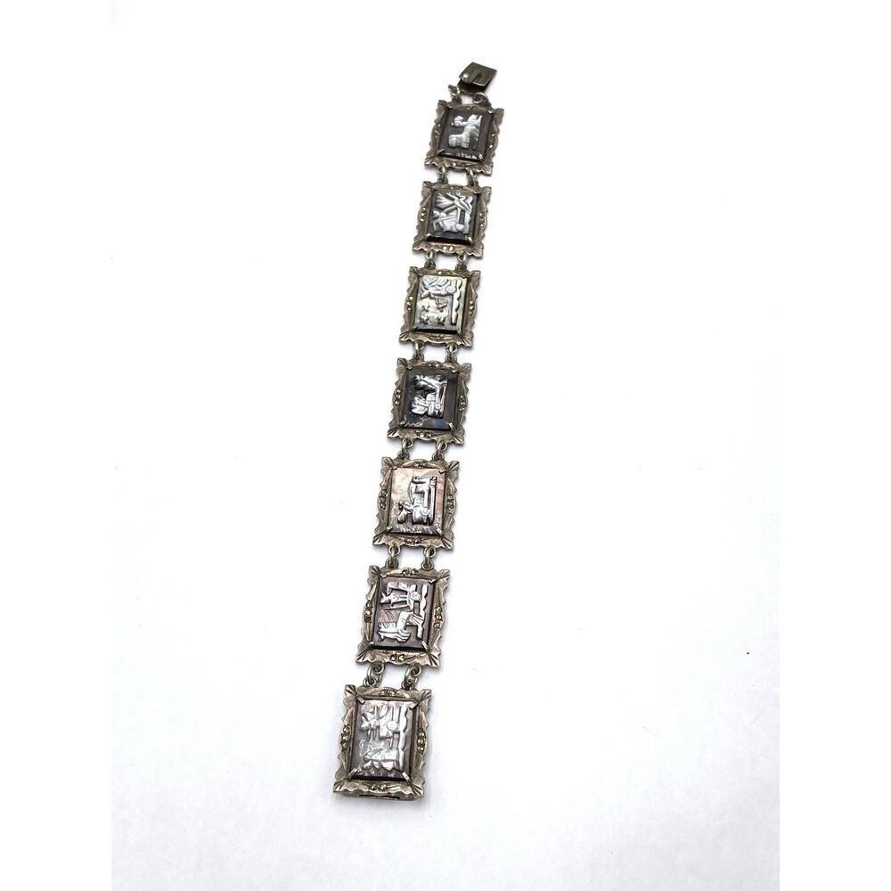 Siam Silver 800 niello panel bracelet hand-carved abalone cameos FLAW